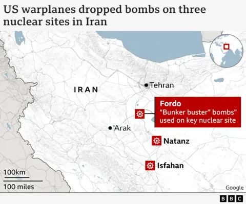 Map showing three nuclear sites in Iran targeted by US - Fordo, Natanz and Isfahan